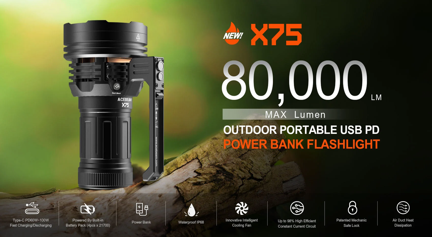 Acebeam X75 Brightest PD Power Bank Flashlight XPH 70.2 6500K - 80 000 Lumens