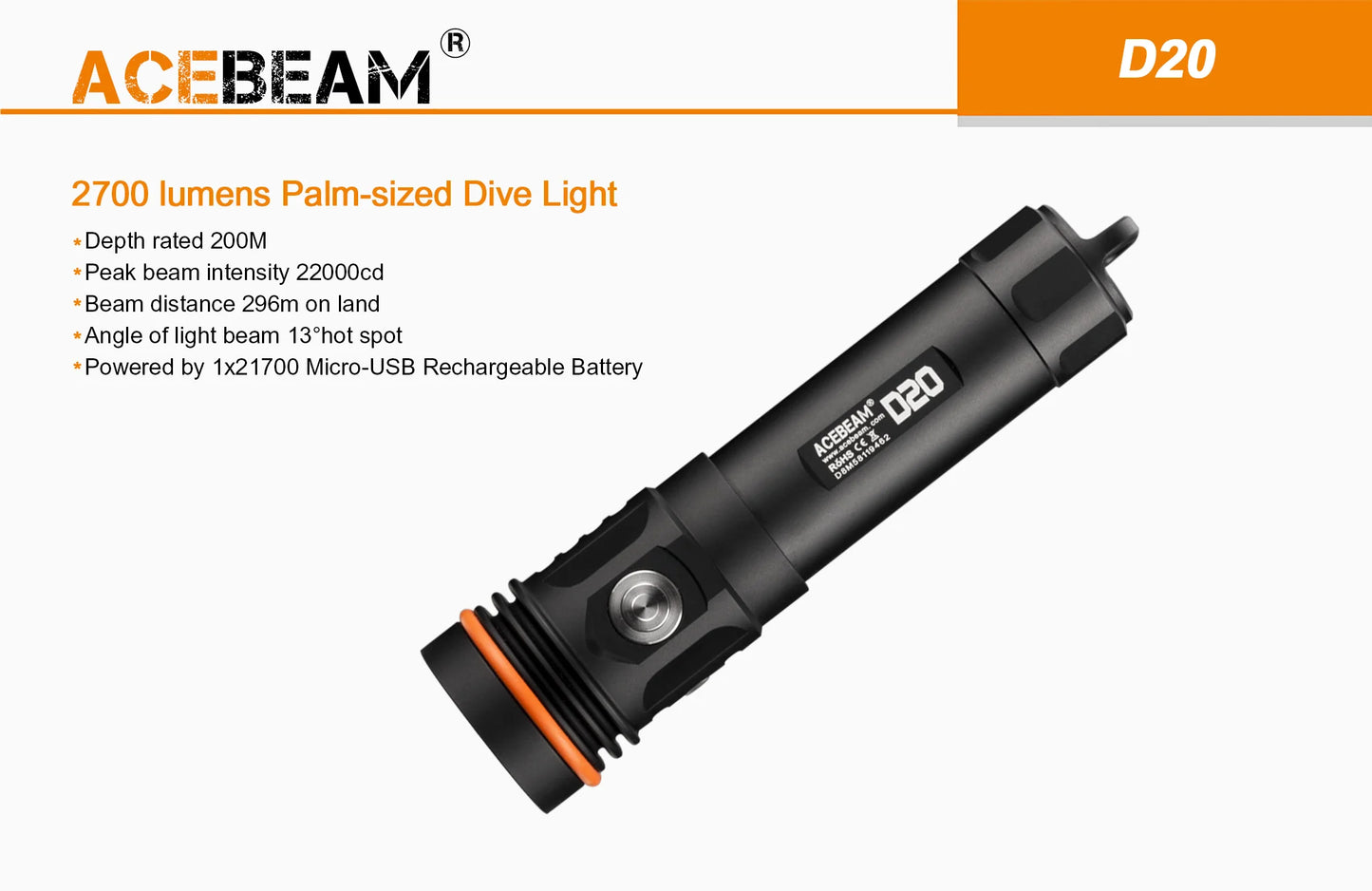 Acebeam D20 Dive Light-2700Lumens-296m on land-200m Depth Rated (NEW)